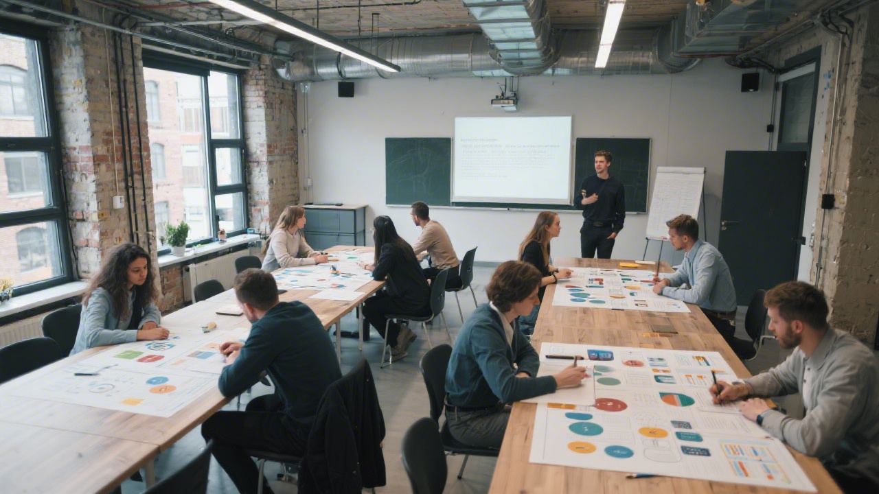 Modern classroom in industrial city setting with participants analyzing business canvases on large tables, showcasing practical learning environment for startups and companies.
