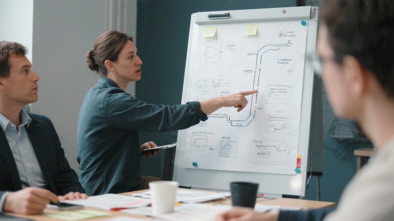 Close-up of a workshop facilitator pointing at user journey map and wireframe sketches, demonstrating structured UX planning in a business environment.