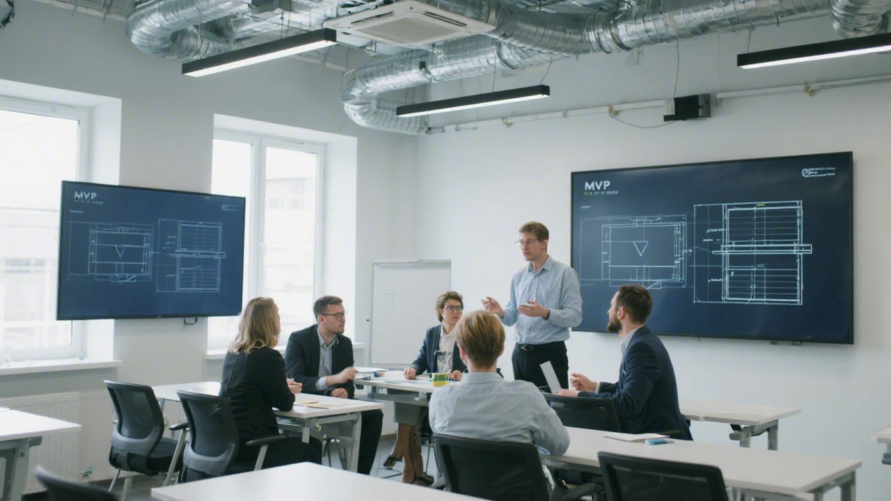 Bright modern training room with industrial accents, large screens showing wireframes, group of professionals discussing MVP planning, clean workspace atmosphere suited for business education.