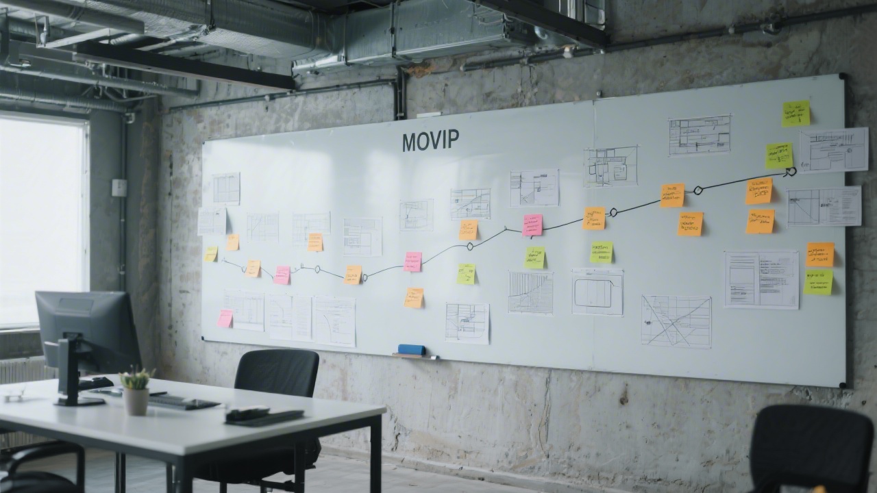 Minimalist industrial workspace with large whiteboard filled with MVP roadmap, sticky notes, and wireframes, showing structured planning for digital product launch.