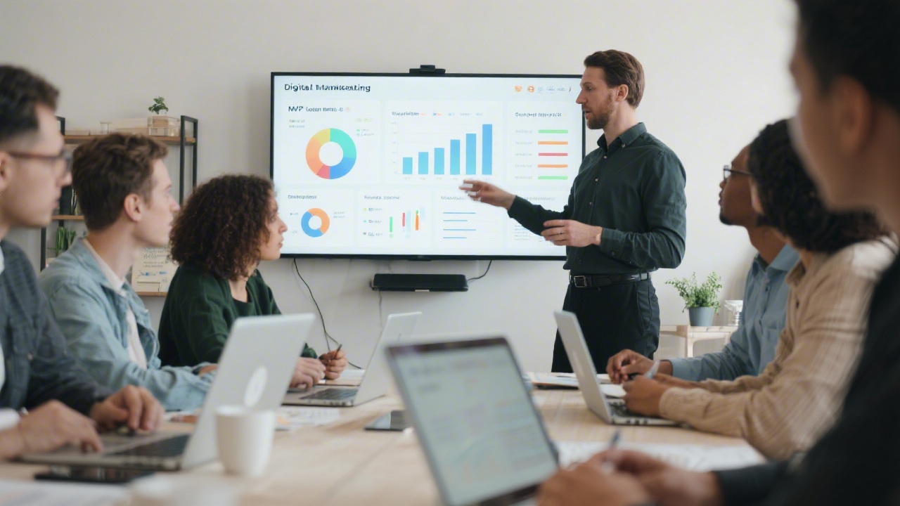 Team workshop with laptops, analytics dashboards on screen, and facilitator guiding participants through digital marketing and MVP launch planning.